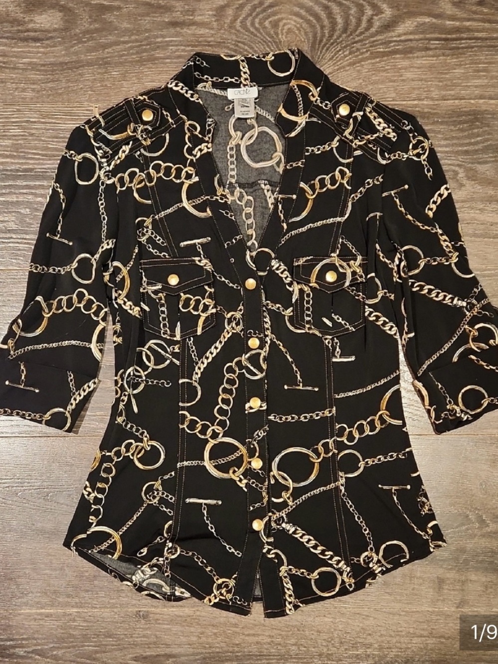 Cache Black & Gold Chain-Print Button Front Blouse